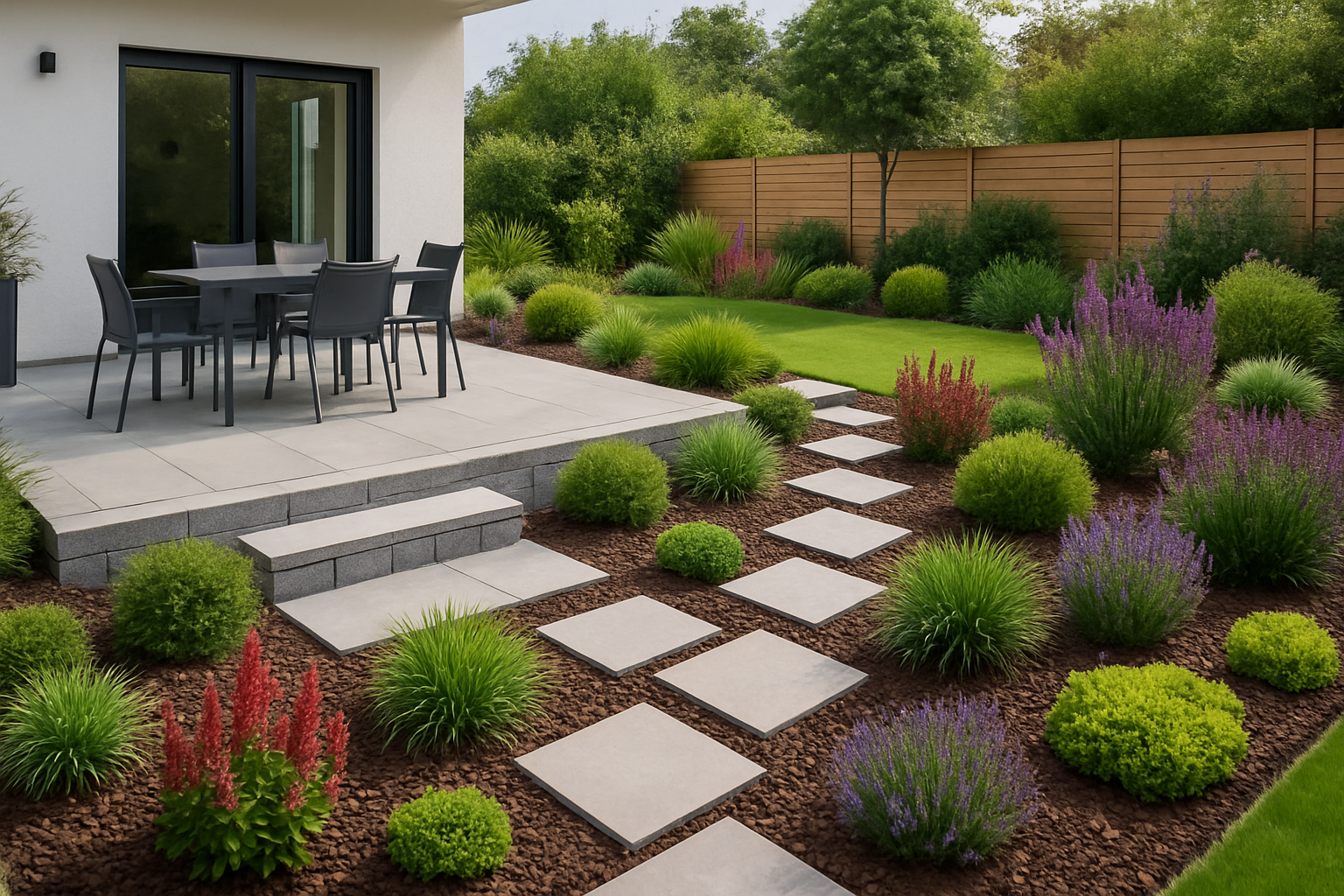 Moderne Gartengestaltung: Angelegter Garten mit Terrasse und Bepflanzung